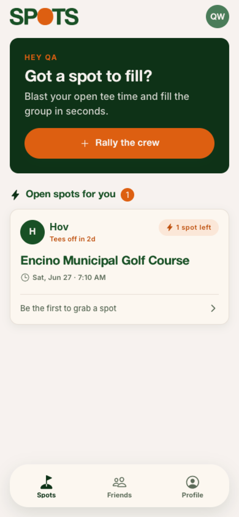 Spots feed showing an open tee-time invitation